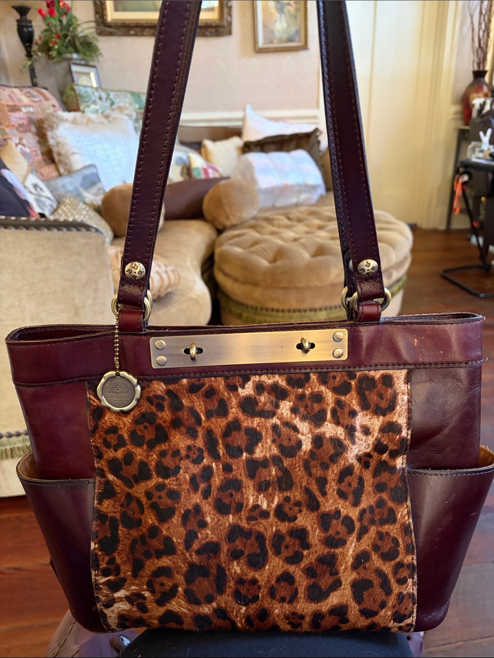 Patricia Nash Leopard Print Tote Handbag in Burgundy
